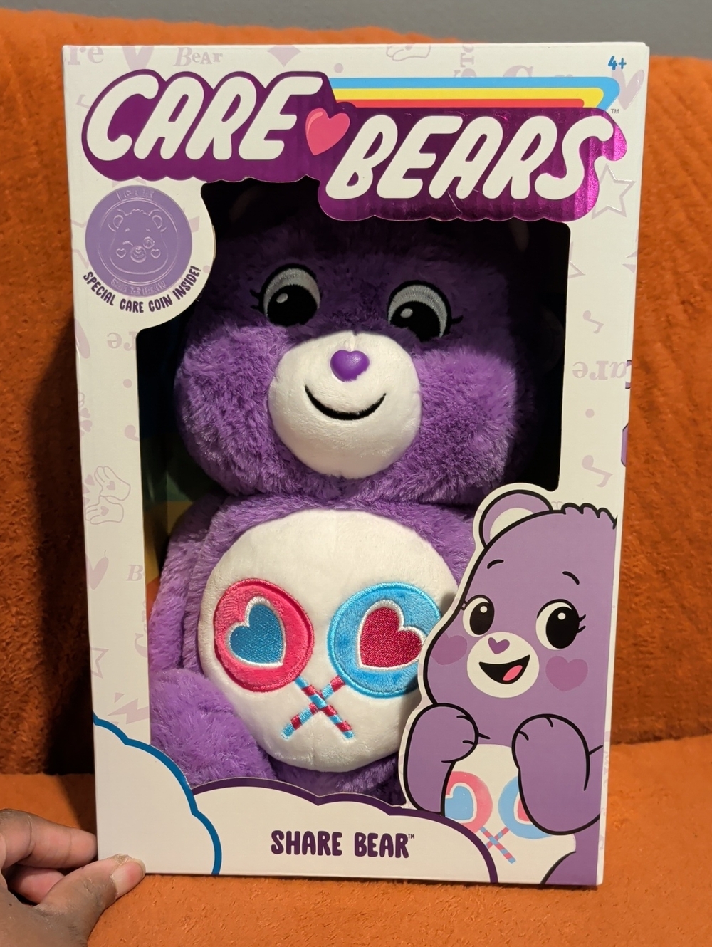 Care Bears Share Bear Purple Plush with Blue & Pink Belly Badge ( Care Coin )